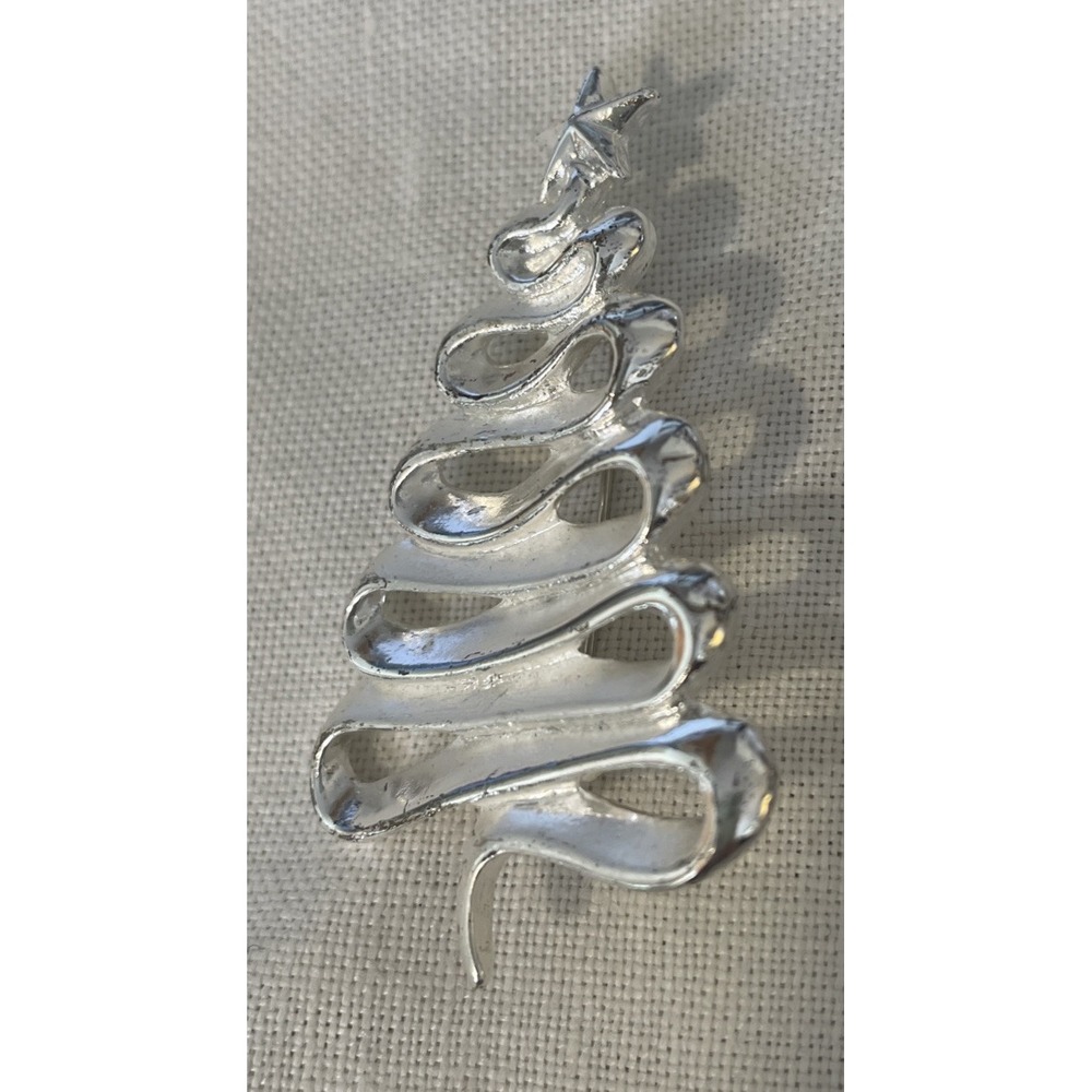 Vintage Silver Tone Danecraft Signed Christmas Tree Brooch Pin Swirl Design